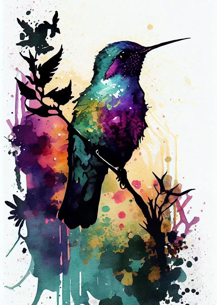 Colorful watercolor hummingbird and flower wall art canvas painting, vibrant bird and floral decor for living room or home.