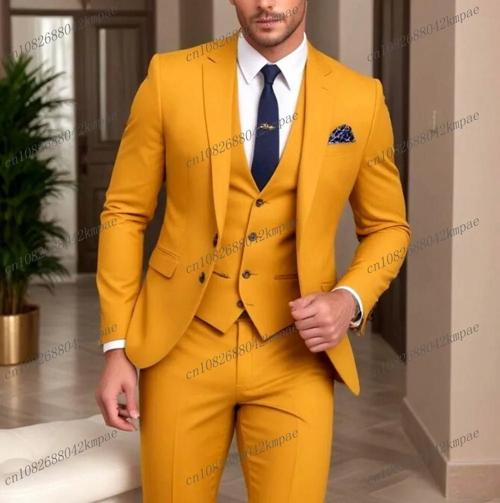 Orange men's formal suit with blazer, vest, and pants, ideal for weddings, proms, or business occasions, by Showlu Fashion.