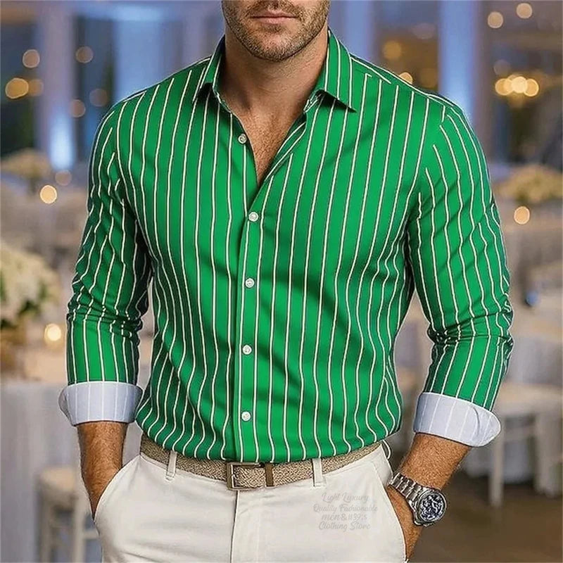 Men's striped casual shirt from Showlu Fashion Store, breathable long sleeve button-down with lapel, stylish and comfortable.