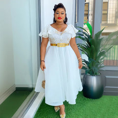 African Dress Long Dresses V Neck Women Africa Summer Splice Slim Fit Solid Regular A Line Party Sexy Vestidos Tight Waist Belt