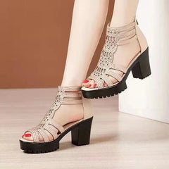 Summer Women's Hollow Roman Sandals High Heels Girls Casual Sandals Open Toe Fish Mouth Shoes Striped Slim High-top Shoes