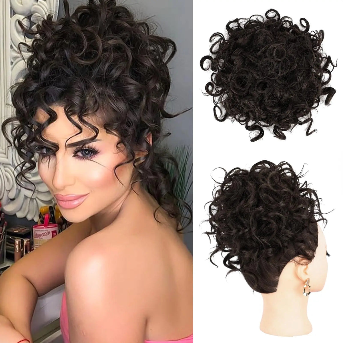 Synthetic Messy Bun Hair Piece 60g Elastic Drawstring Loose Wave Curly Hair Buns Hair Piece Extensions For Women Dark Brown