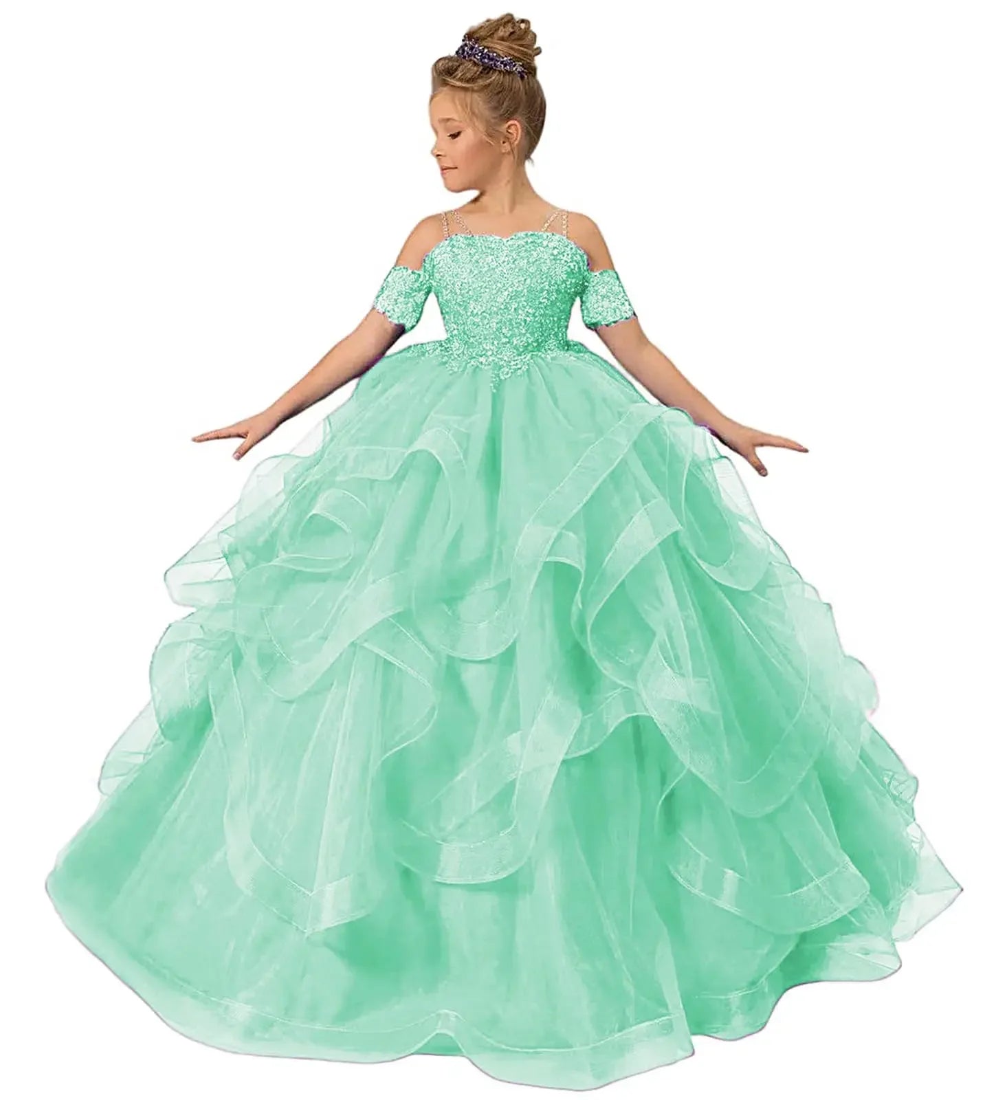Showlu Fashion Store Gdybao flower girl dress with off-shoulder tulle ball gown design for kids, featuring floral appliques and elegant style.