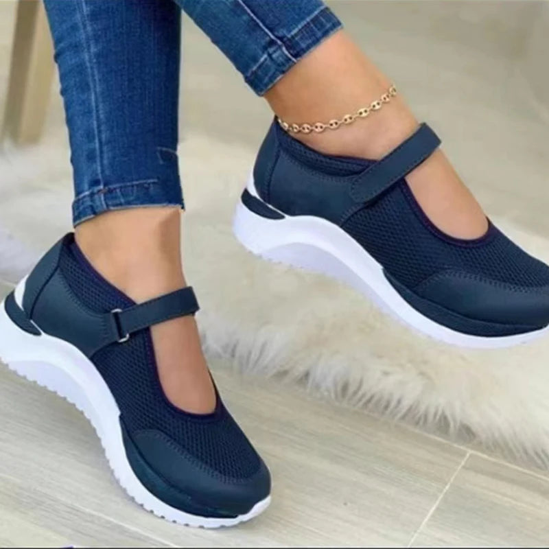 Round head knitted women's thick sole sneakers in large sizes 36-43, casual grid design, Showlu Fashion Store women's shoes