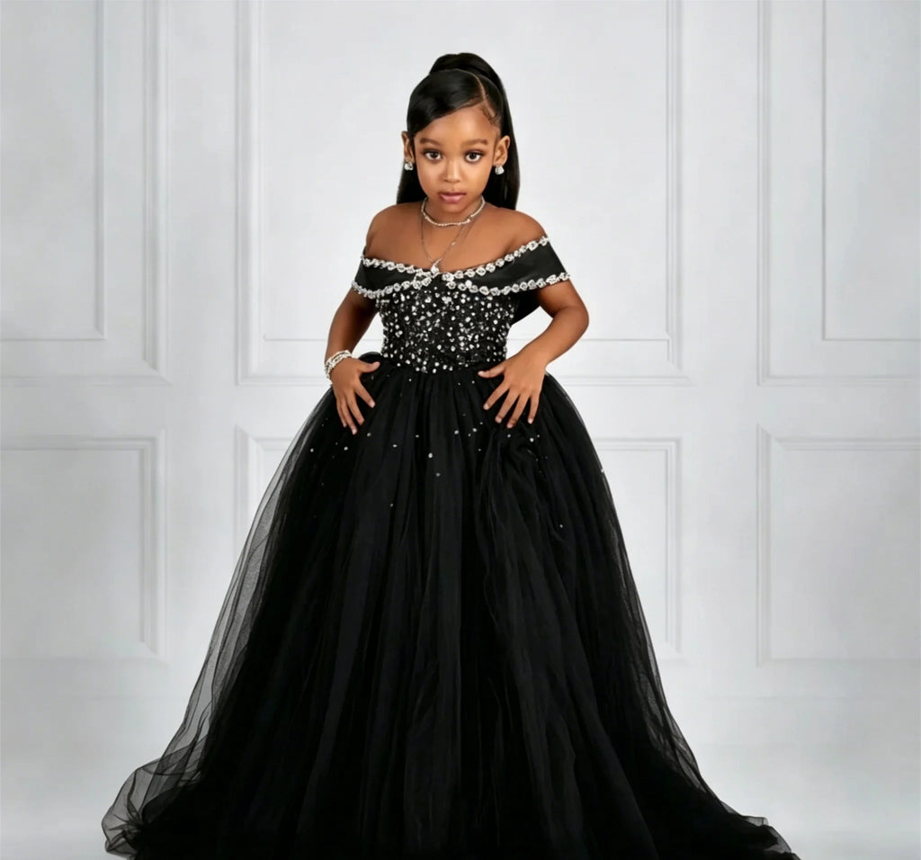 Luxury Customized Off Shoulder Flower Girl Dresses for Wedding Beading Tulle Floor Lenght Girls Birthday First Communion Gown