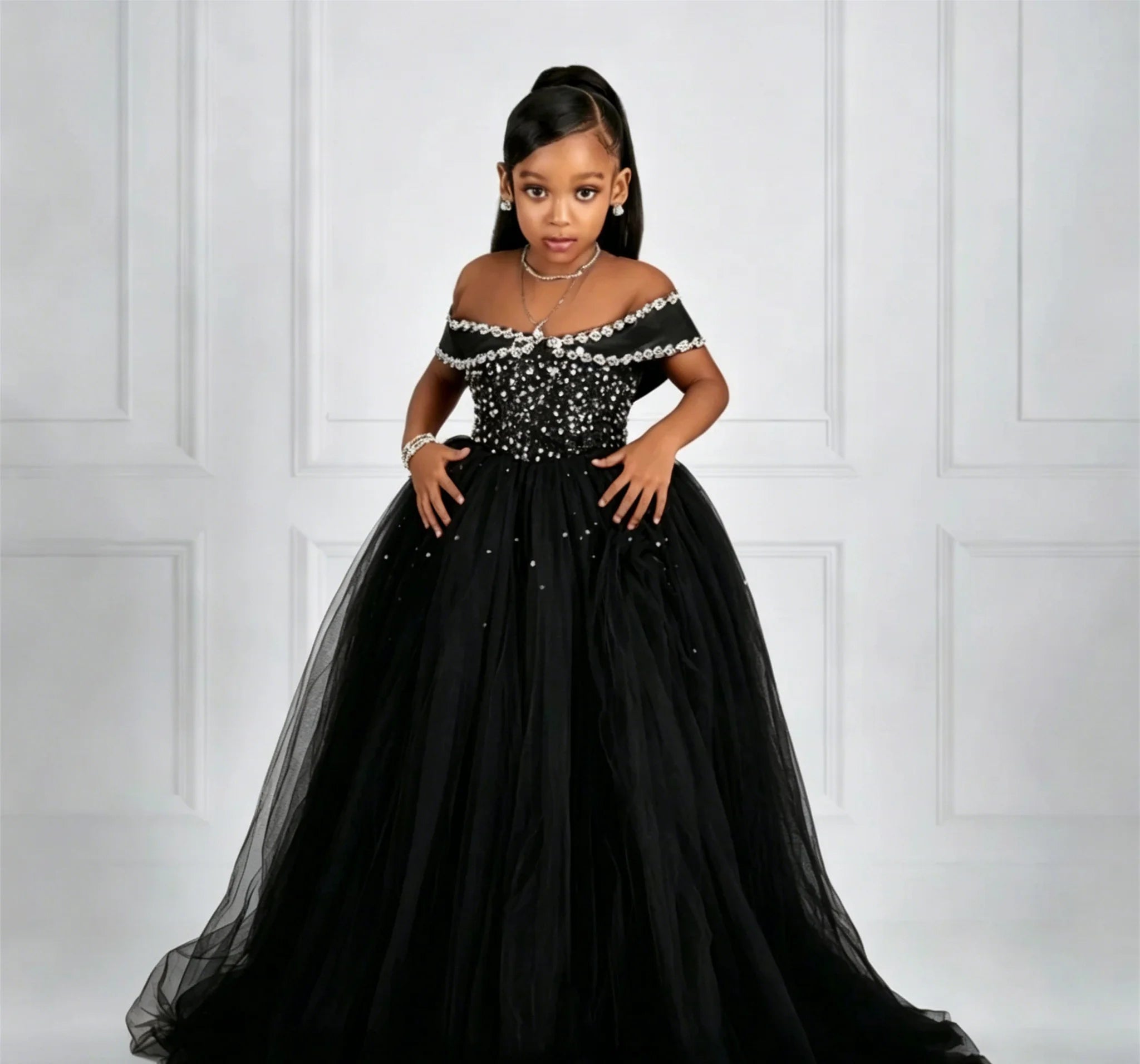 Luxury Customized Off Shoulder Flower Girl Dresses for Wedding Beading Tulle Floor Lenght Girls Birthday First Communion Gown