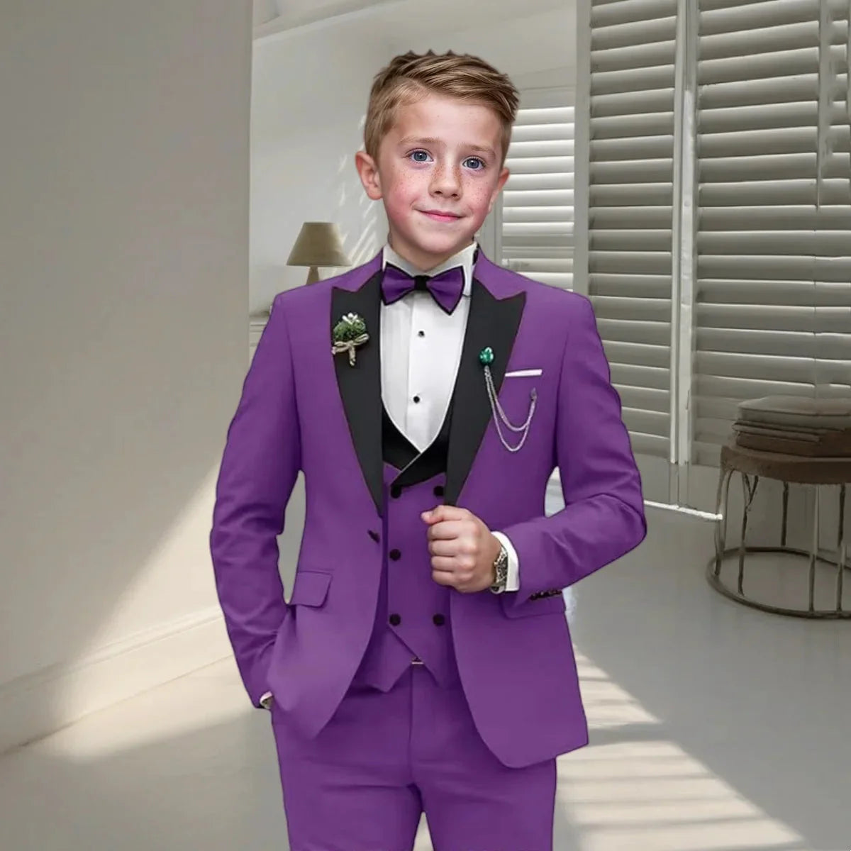 Boy wearing a champagne velvet tuxedo suit set with a blazer, part of the DMDRS 4-piece formal tuxedo collection for kids.