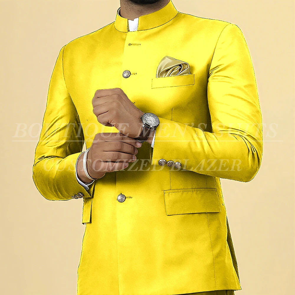 Elegant men's slim fit wedding suit by Showlu Fashion, featuring a single-breasted blazer with stand lapel and matching pants.