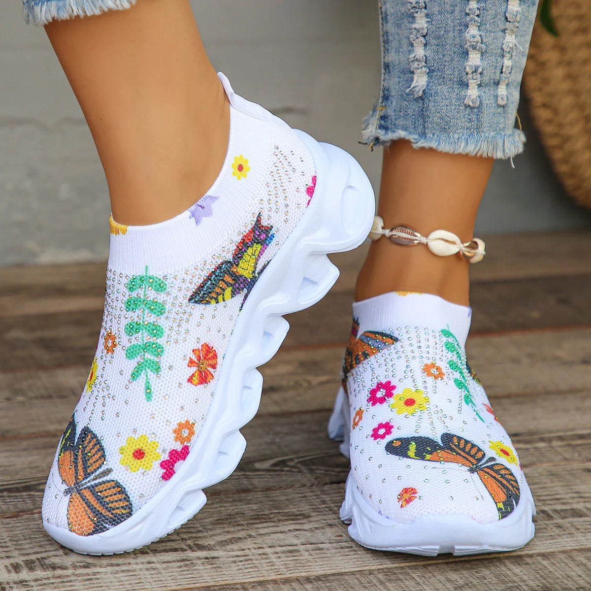 Rimocy women's crystal butterfly mesh sneakers by SHOWLU FASHION STORE featuring breathable slip-on flats with crystal butterfly accents.