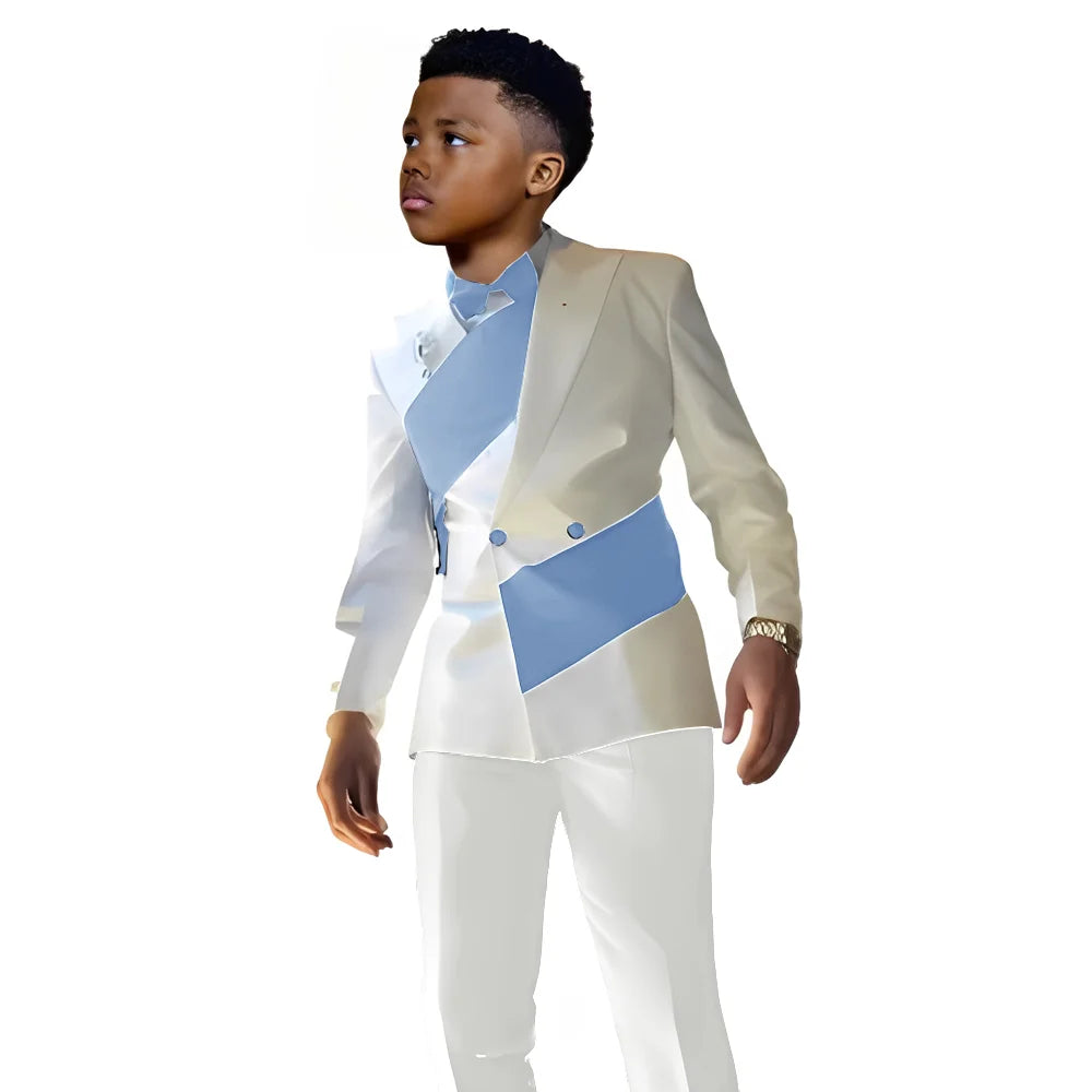 White satin boys suit 2-piece set with blazer and pants, tailored wedding tuxedo, slim fit, suitable for ages 2 to 16 years.