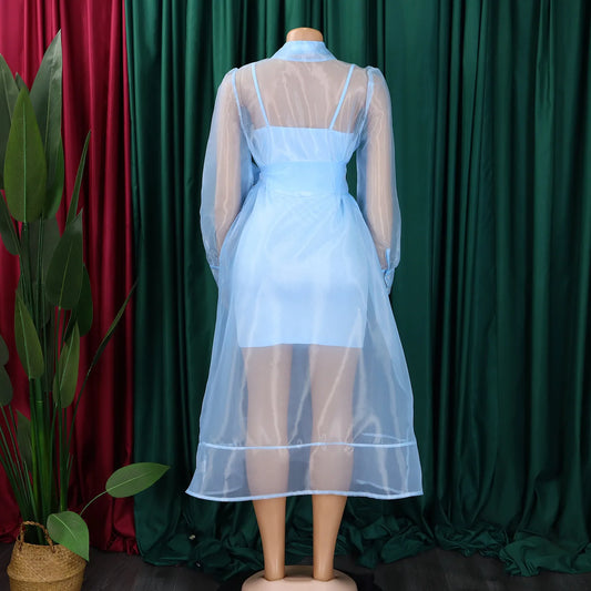 Women Two Pieces Set Transparent Organza Shirt Dresses with Slip Dress Button Up Waist Belt Turn Down Collar Sheer Sexy Female