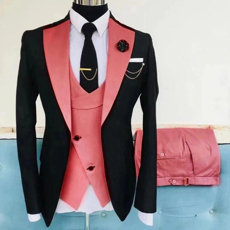 Showlu Smart General men's black slim fit business suit with jacket, pants, and vest for formal weddings and events.