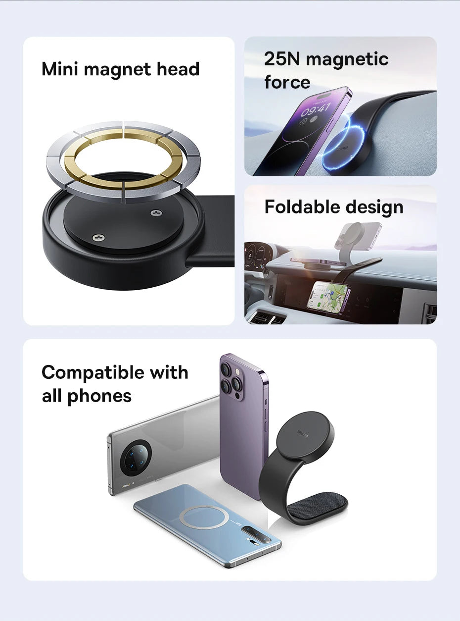Showlu Smart Magnetic Foldable Car Phone Holder attached to dashboard with phone secured in place, compact and adjustable for driving.