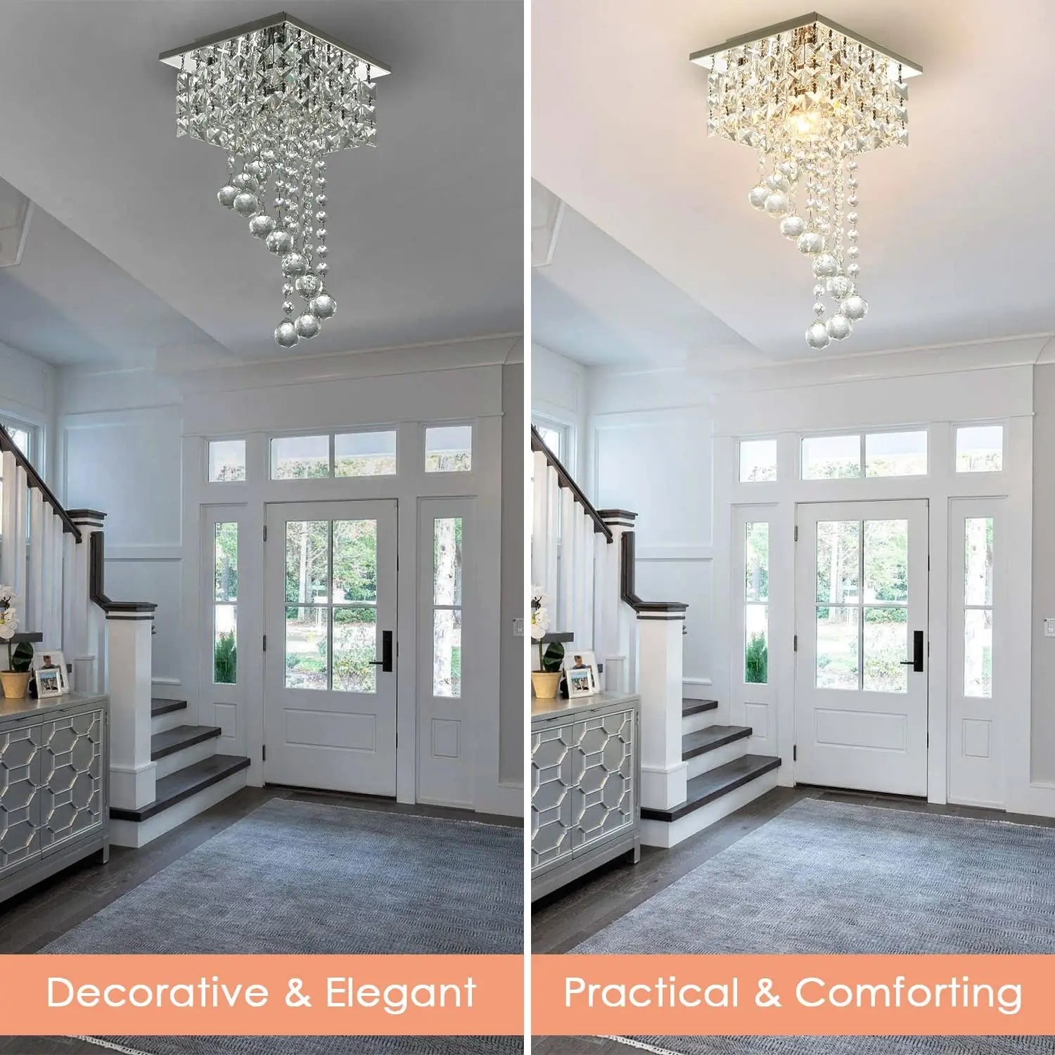 Mini crystal chandelier by Showlu Fashion Store, 7.9-inch square flush mount ceiling light with K9 crystals and stainless steel finish.