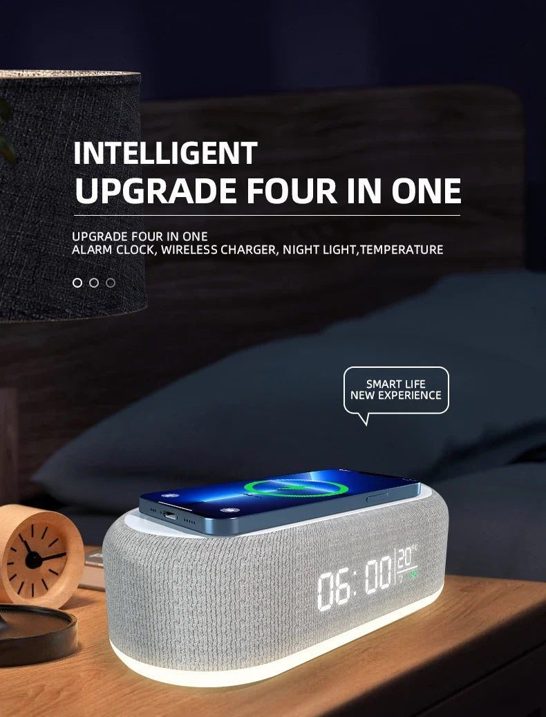 Showlu Smart General 15W wireless charging alarm clock with LED night light, digital display and sleek modern design.