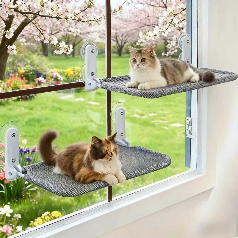 Foldable KEMORELA Cat Window Hammock with fiber bed and strong suction cups, perfect for cozy cat lounging by the window.
