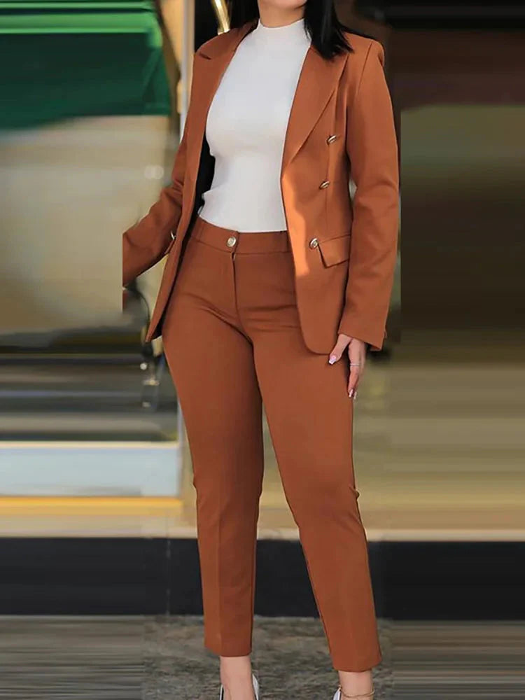 Slim fit women's pant suit with solid cardigan and pencil pants, featuring a stylish and professional design by SHOWLU FASHION STORE.