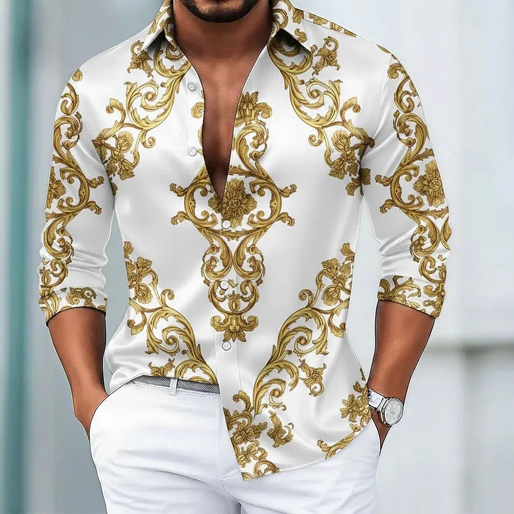 Men's long sleeve 3D vintage floral graphic shirt with European art print, modern streetwear style for autumn winter casual wear.