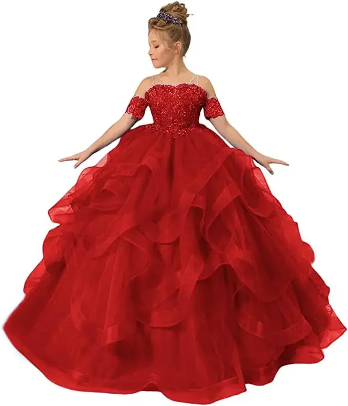 Off-shoulder tulle flower girl dress by Gdybao featuring appliques and a ball gown design for kids, elegant and charming for special occasions.