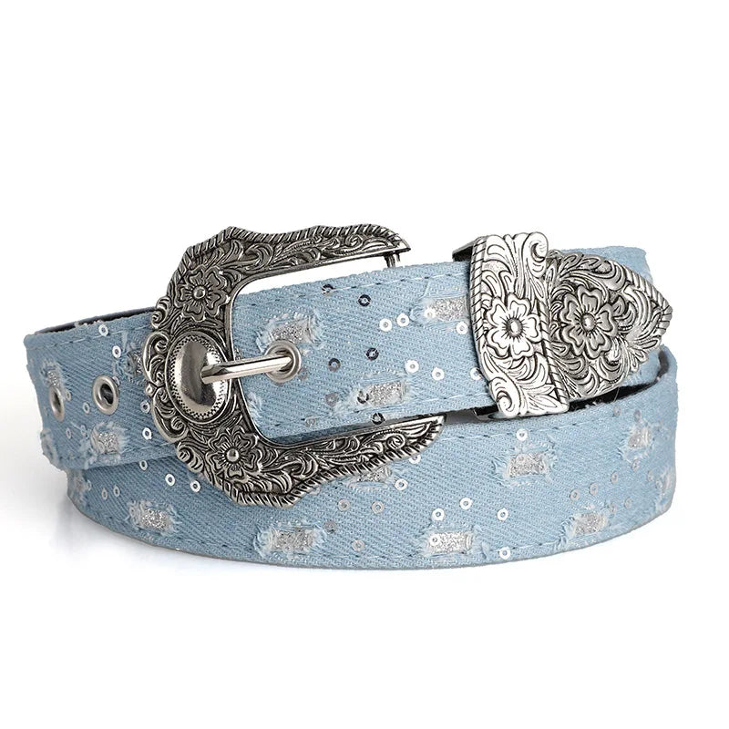 Women's retro casual rhinestone buckle belt with ripped denim style, punk rock fashion accessory for men and women, Showlu Fashion.