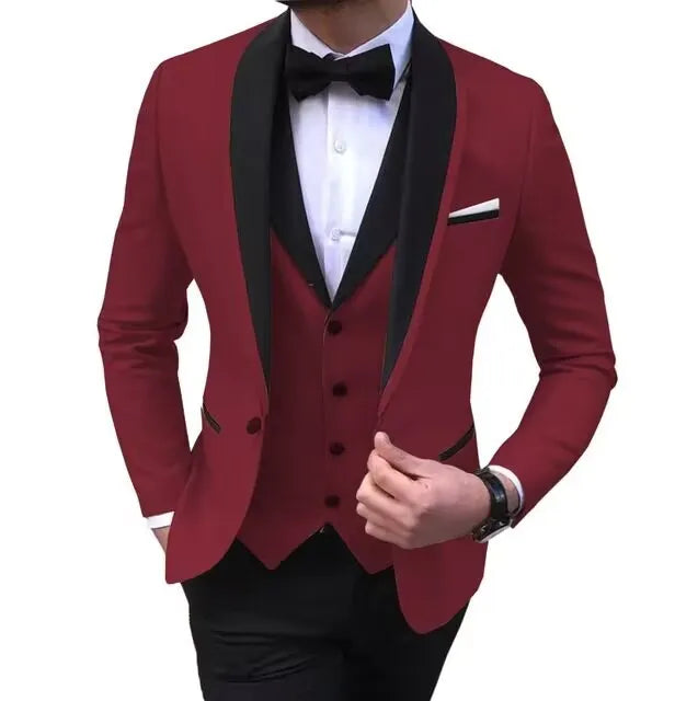 Showlu men's 3-piece slim fit wedding suit with wool blend fabric, shawl lapel tuxedo, displayed on a hanger.