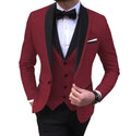 Showlu men's 3-piece slim fit wedding suit with wool blend fabric, shawl lapel tuxedo, displayed on a hanger.