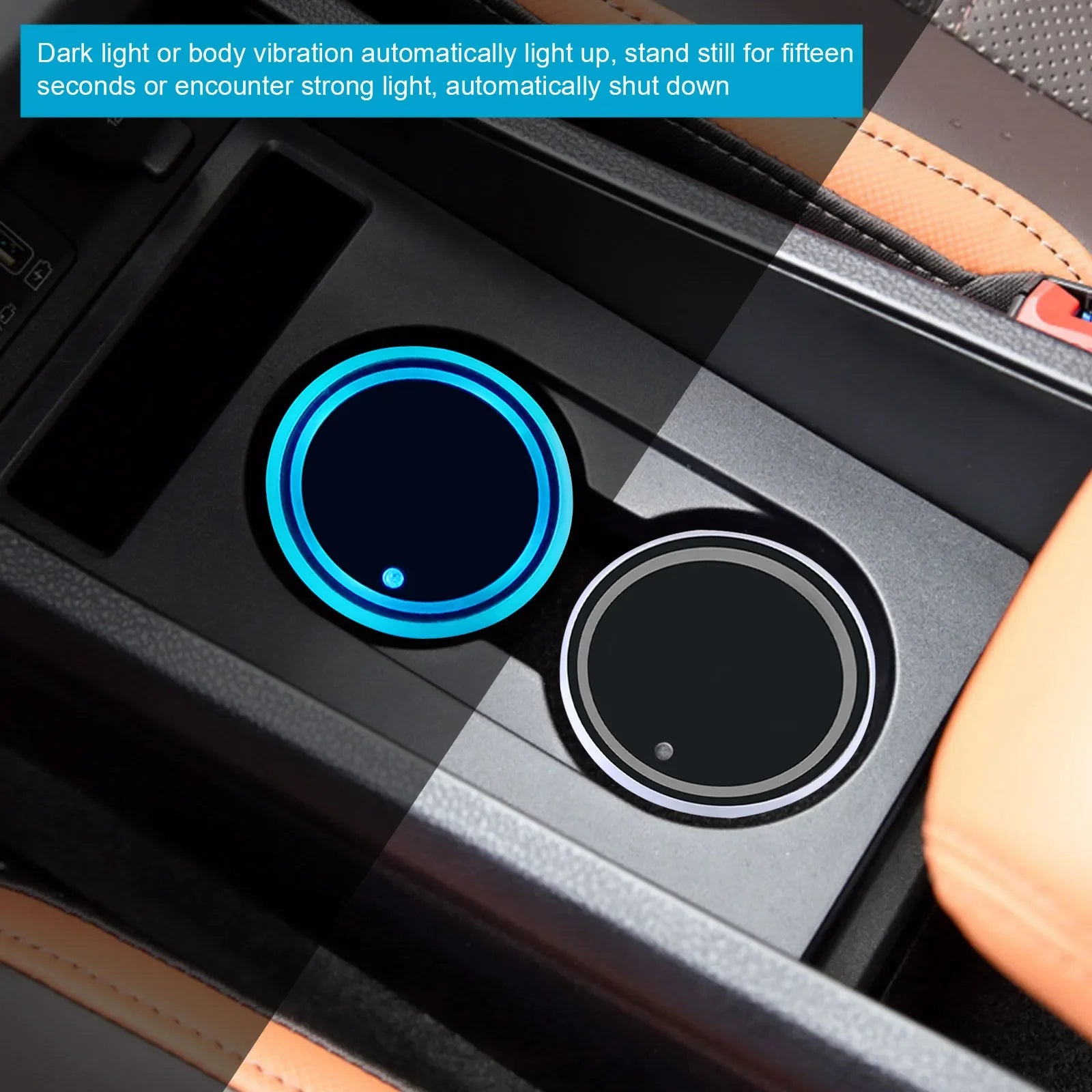 Showlu Smart LED cup holder light pad with USB 5V ambient lighting, showing the compact, sleek design and illuminated surface.