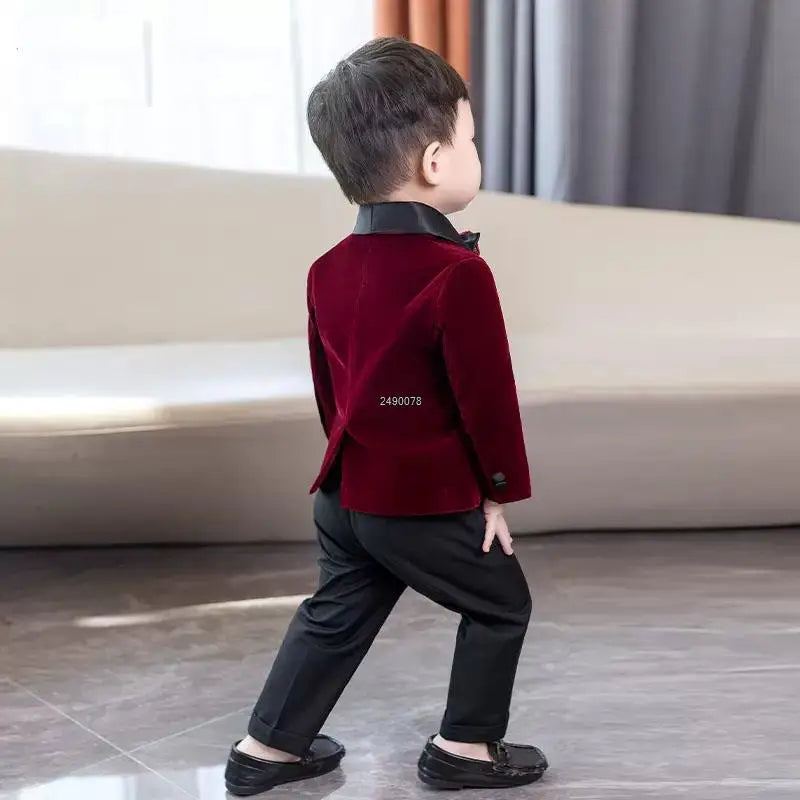 PsyMonster boys velvet blazer and pants suit from SHOWLU FASHION STORE, formal wedding tuxedo, navy blue with satin trim, front view