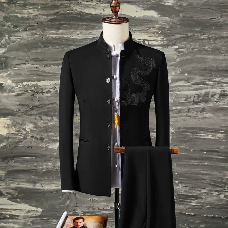 Men's slim fit 2-piece suit from Showlu Fashion with embroidered stand collar blazer and matching pants, tailored for a modern look.