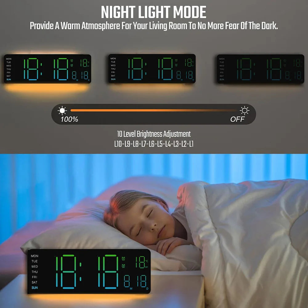 13-inch LED digital wall clock by Showlu Smart General with adjustable RGB night light display on a modern wall.
