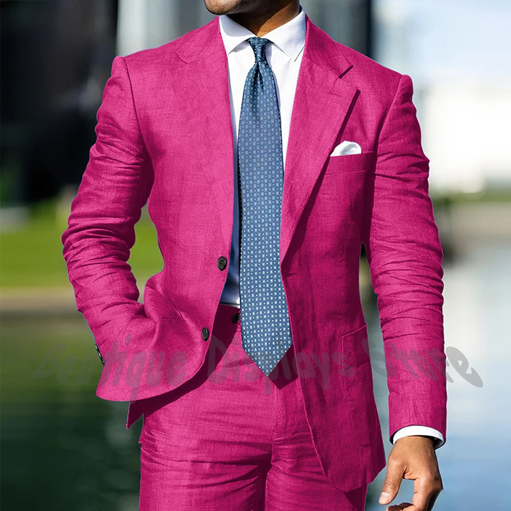 Blue Linen Single Breasted Men Suit Two Pieces(Jacket+Pants) Outfits Casual Party Prom Wedding Set