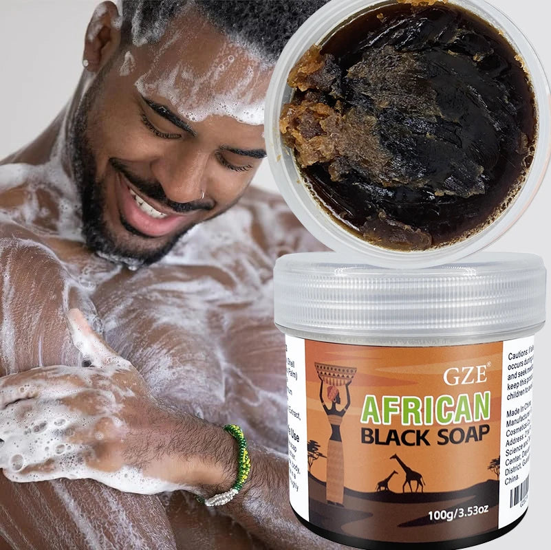 GZE African Black Soap 3-in-1 cleanser showing soap bar with natural ingredients for face, hair, and body cleansing and moisturizing