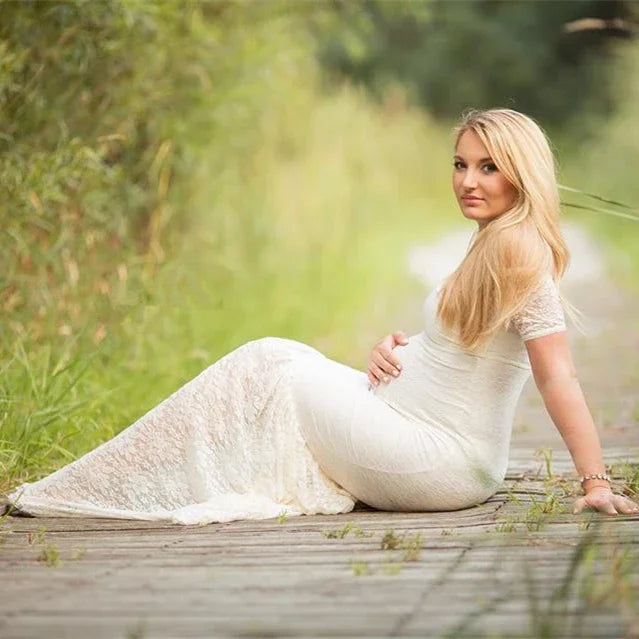 Showlu Mermaid Maternity Dress in lace with V-neck, maxi gown style, perfect for photography and maternity photoshoots.