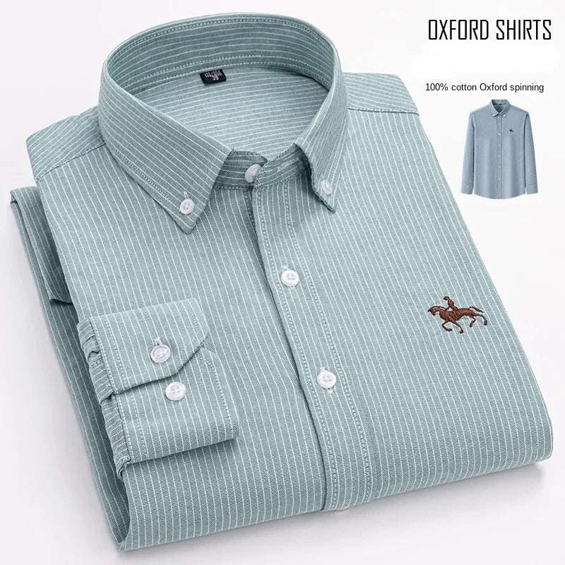 White men's long sleeve cotton Oxford shirt with horse embroidery, regular fit, button-up casual dress shirt by Showlu Fashion.