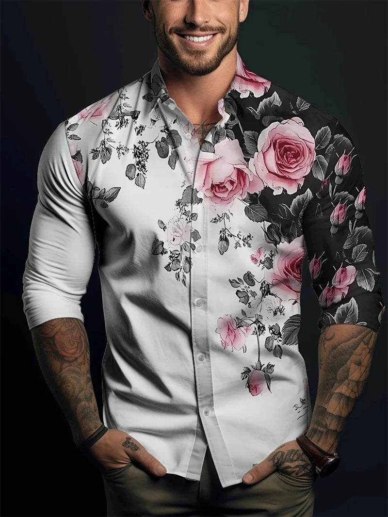 Showlu men's long sleeve casual shirt made of silk and bamboo fiber with printed design, stylish and comfortable for everyday wear.