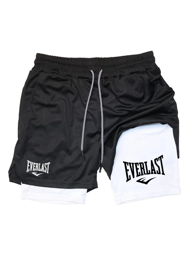 Men's 2-in-1 running shorts by Showlu Fashion with double-deck design, ideal for gym, fitness, and jogging activities.