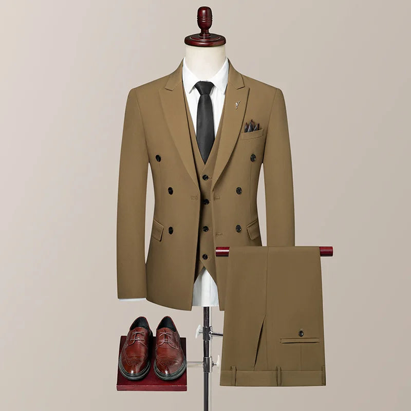 SHOWLU men's slim fit double-breasted 3-piece wedding suit set, including jacket, vest, and trousers, in navy blue.
