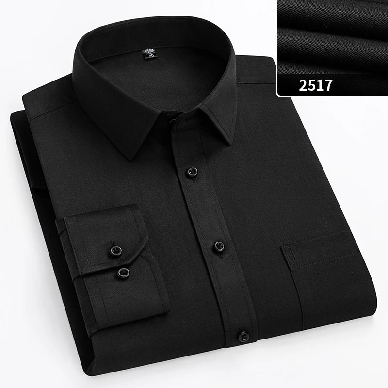 Showlu Fashion Store men's plus size slim fit formal shirt with double collar, solid long-sleeve design, ideal for office or business wear.