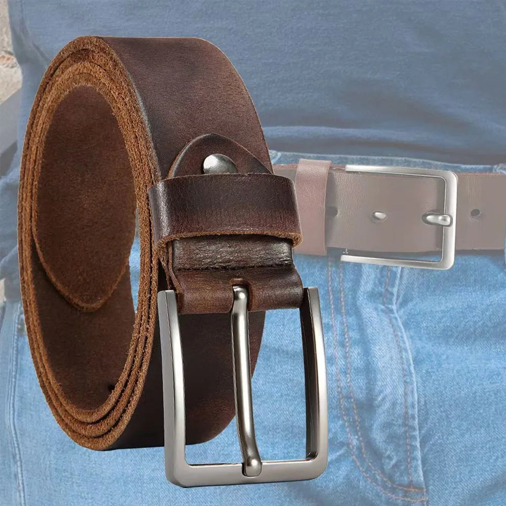Men's cowhide leather belt with casual metal buckle, stylish top layer design from Showlu Fashion Store.