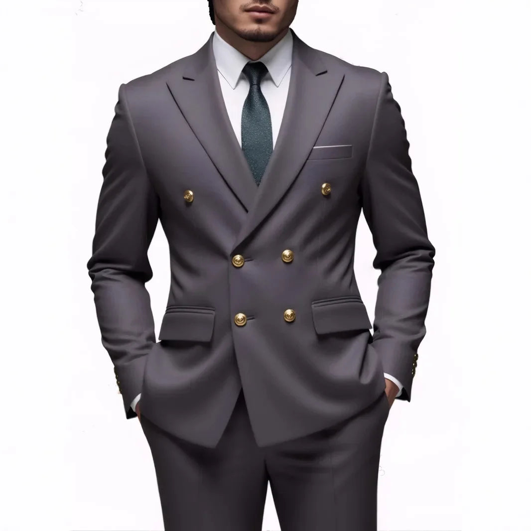 Black men's double-breasted slim fit suit with gold buttons, high-quality wedding and party costume by Showlu Fashion Store.