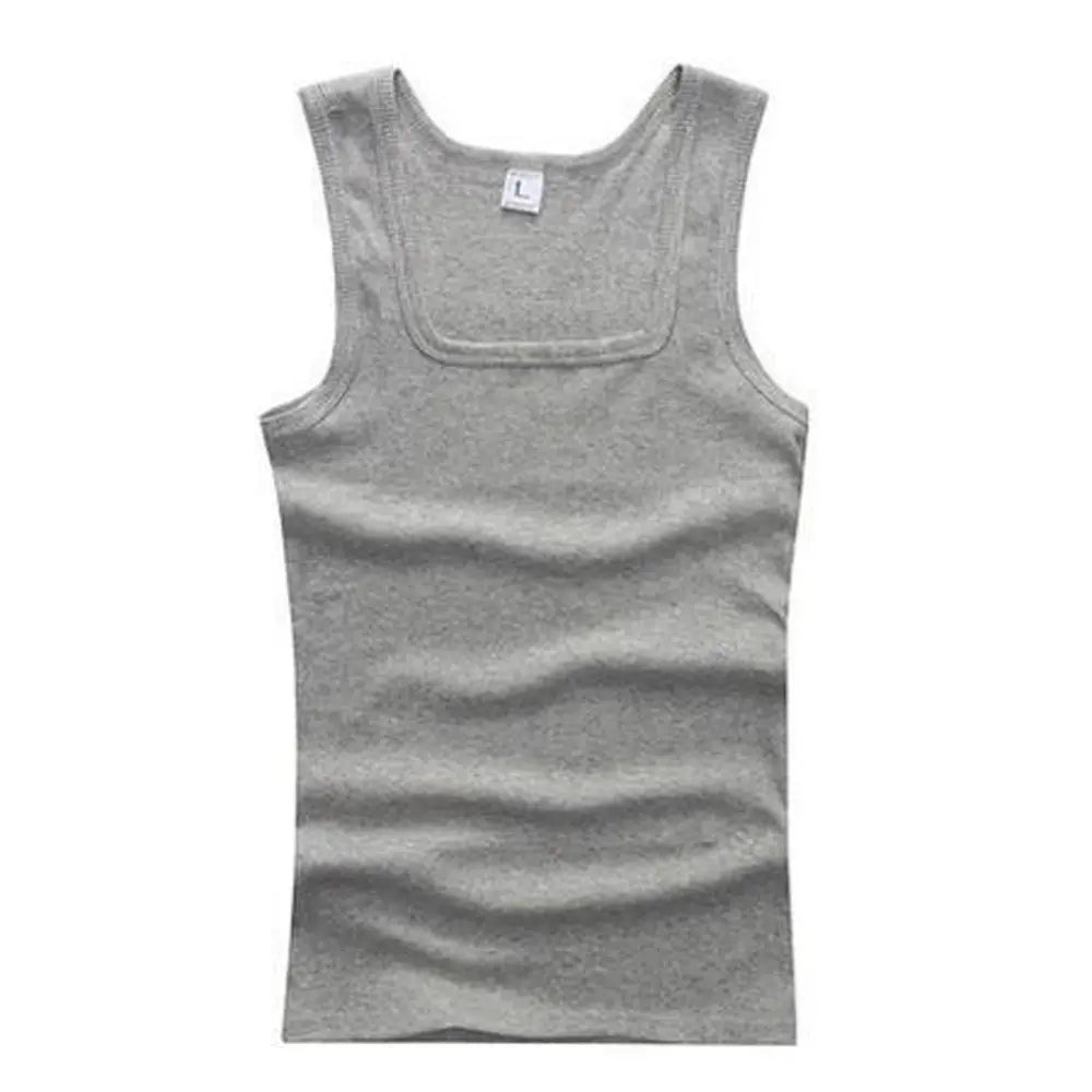 Basic elastic cotton sleeveless men's tank top, ideal for summer fitness and bodybuilding, shown in natural white color.