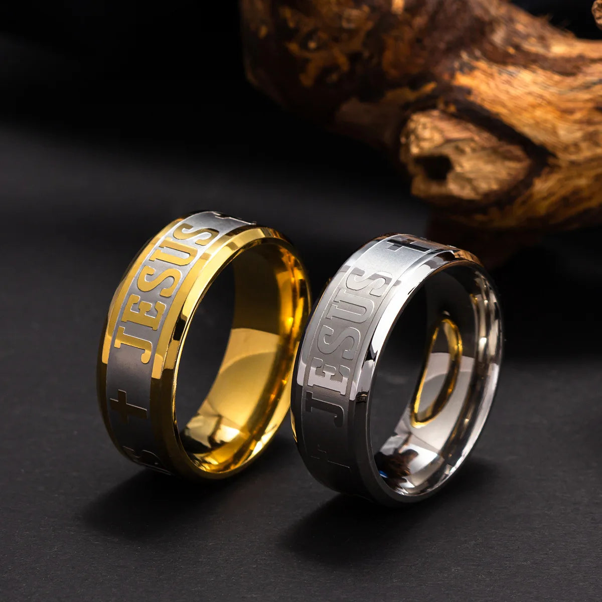 Stainless steel 8mm Jesus cross ring featuring Christian religious design, crafted by Showlu Fashion Store.