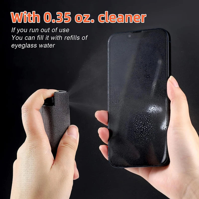 Microfiber screen cleaner spray bottle with cloth for iPhone, Samsung, and tablets, showing cleaning wipes and compact design.
