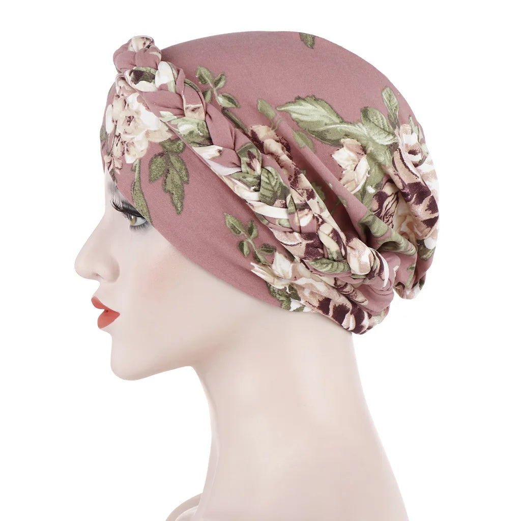 European and American print leopard silk scarf hat with flower embellishments, short braid, suitable as a Muslim hijab or stylish accessory