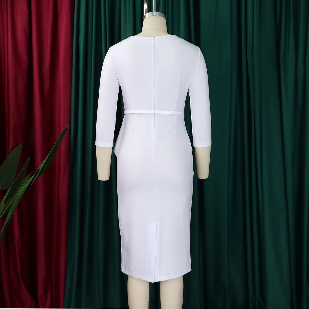 Women’s plus size spring autumn office dress with retro O-neck, high waist, 3/4 sleeves, casual slim fit, elegant party style