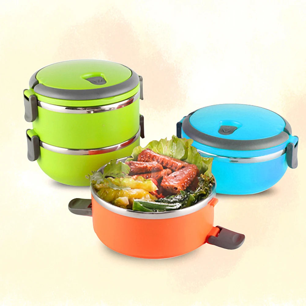 Stainless steel 3-layer stackable lunch box with airtight lids, handle, and leakproof design for portable food storage.
