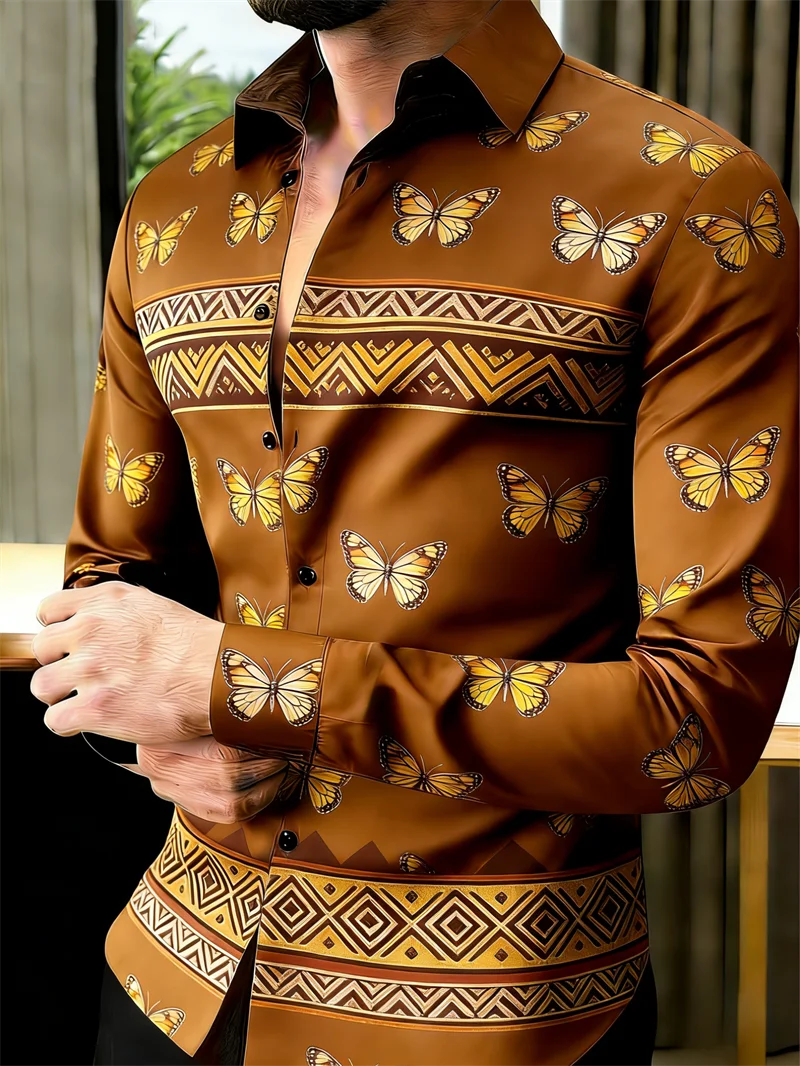 Men's long sleeve lapel shirt by Showlu Fashion with 11-color 3D butterfly print, stylish and fashionable for modern wear.