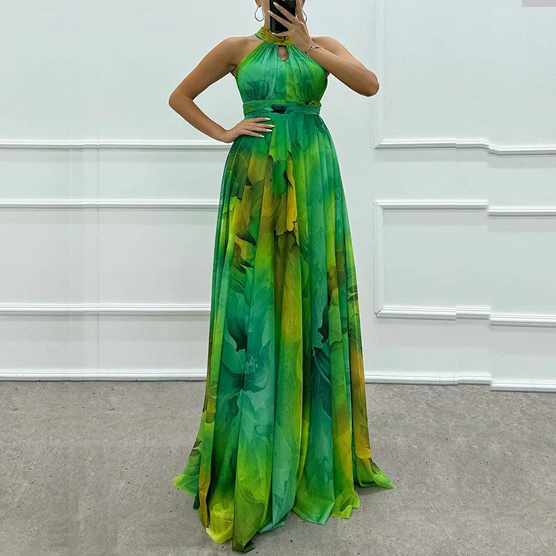 Vintage print halter maxi dress for women, bohemian style party gown by Fanbety, featuring flowing fabric and floral design.