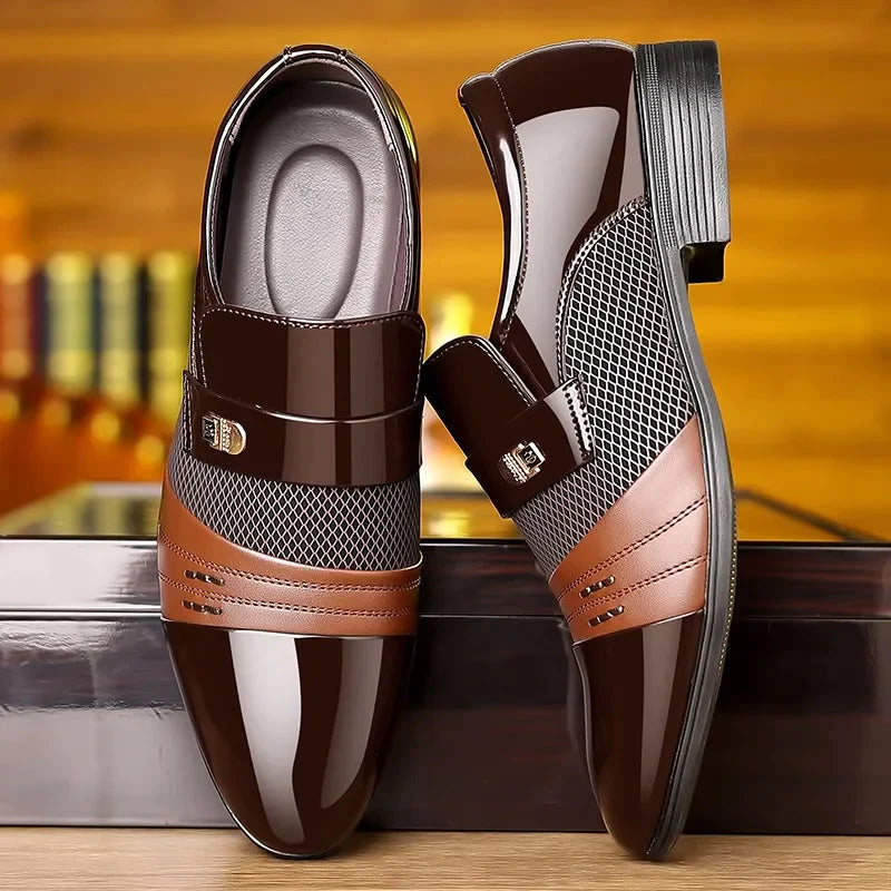 Red colorblock men's Oxford loafers with pointed toe dress shoes by SHOWLU FASHION STORE, stylish and polished footwear.