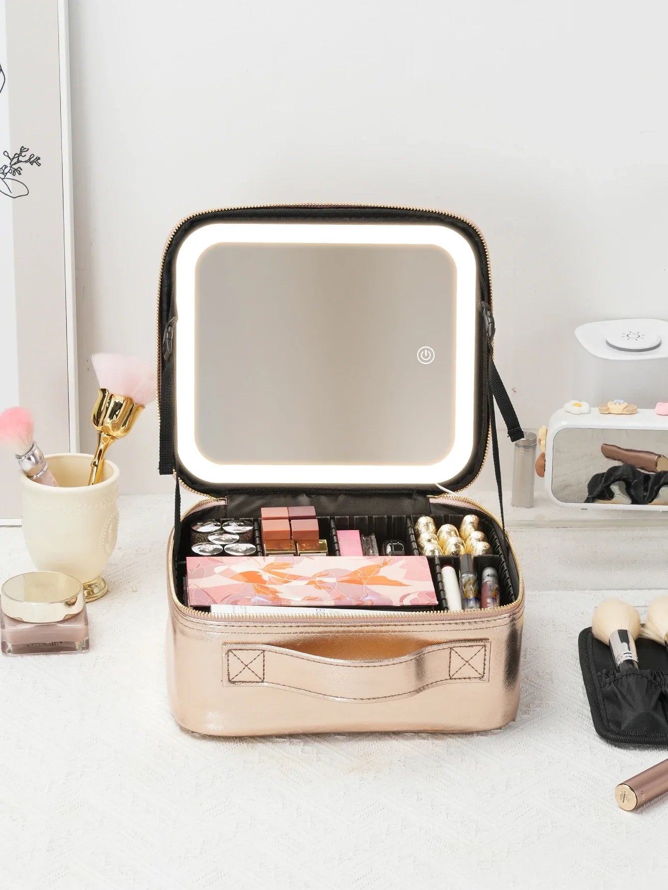 SHOWLU travel makeup bag with LED lighted mirror, PU leather toiletry case, compact and stylish for on-the-go beauty essentials.